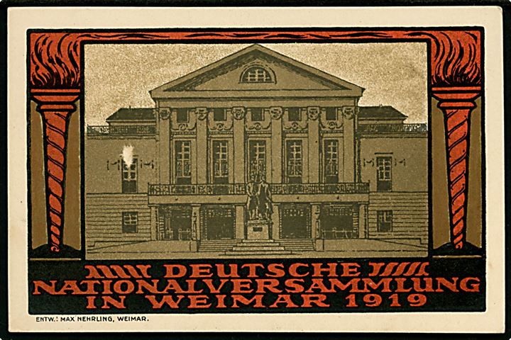 Weimar udg. på officielt Weimar Nationalforsamling postkort annulleret Weimar Nation.Vers. Luftpost d. 15.8.1919 til Porta Westfalia.