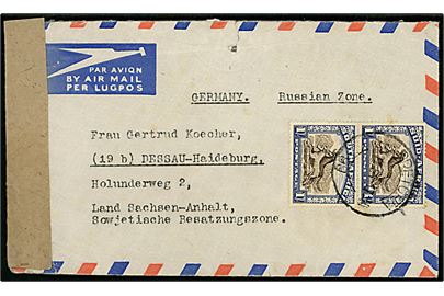 1/- 2-sproget parstykke på luftpostbrev fra Pretoria d. 26.2.1951 til Dessau-Haideburg, Tyskland. Lukket med papirtape og stemplet Beschädigt eingegangen amtlich verslossen Perlin NW7 Auslandstelle.