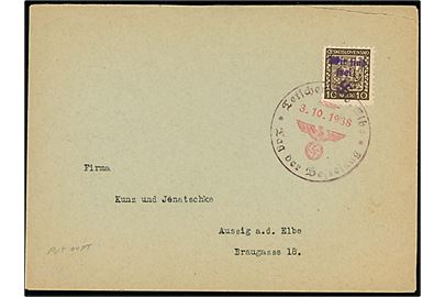 10 h. overtrykt Wir sind Frei! på brev annulleret med 2-farvet stempel i Tetschen a.d.Elbe / Tag der Befreiung * d. 3.10.1938 til Aussig.