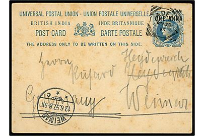 Indisk 1/1½ anna provisorisk helsagsbrevkort brugt i Aden d. 29.5.1897 til Weimar, Tyskland.