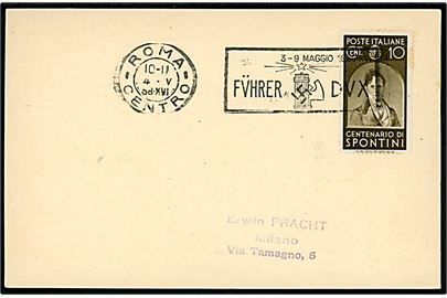 10 c. på filatelistisk brevkort annulleret med særligt TMS fra Hitler/Mussolini mødet i Rom d. 4.5.1938 til Milano. Uden meddelelse på bagsiden.