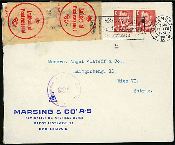 25 øre Fr. IX i parstykke på beskadiget kuvert fra København d. 19.2.1951 til Wien, Østrig. Lukket med fortrykt etiket Lukket af Postvæsenet A.61 (9-47). Åbnet af den østrigske efterkrigscensur.