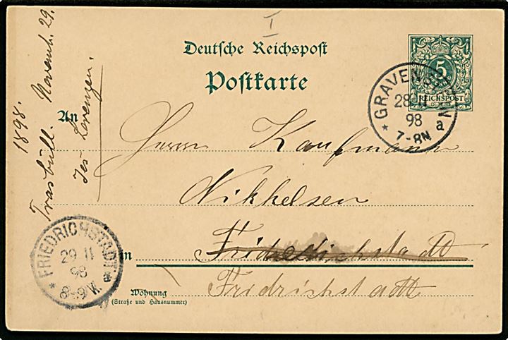 5 pfg. Ciffer helsagsbrevkort dateret i Trasbüll og stemplet Gravenstein *a d. 28.11.1898 til Friedrichstadt.