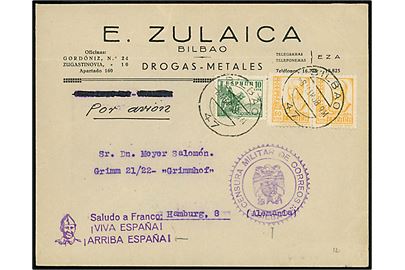 10 cts. Rytter og 60 cts. Isabel i parstykke på luftpostbrev fra Bilbao d. 8.3.1938 til Hamburg, Tyskland. Spansk censur fra Bilbao.