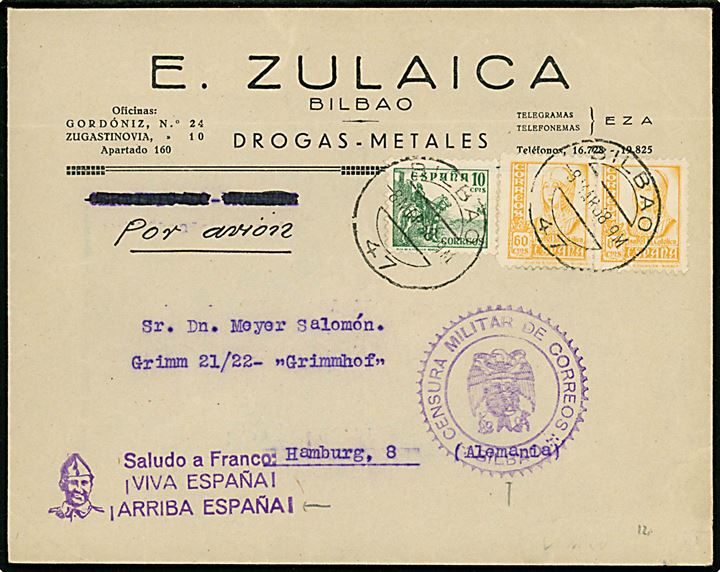 10 cts. Rytter og 60 cts. Isabel i parstykke på luftpostbrev fra Bilbao d. 8.3.1938 til Hamburg, Tyskland. Spansk censur fra Bilbao.