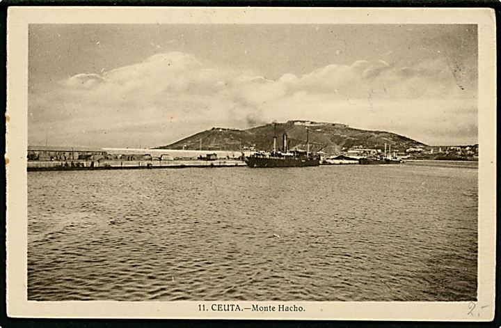 40 cts. Isabel på underfrankeret brevkort (Ceuta havn med skibe) fra den spanske enklave Ceuta i Nordafrika stemplet Ceuta d. 1.5.1939 til Tyskland. T-stempel, samt Nachgebühr og udtakseret i 5 pfg. tysk porto.