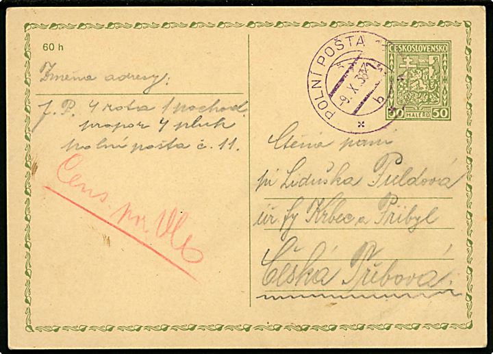 50 h. helsagsbrevkort annulleret med violet feltpoststempel Polni Posta 11 (= Margecany) d. 9.10.1938 til Česká Třebová. Sendt under Sudeter-krisen hvor Tyskland besatte dele af Tjekkoslovakiet.