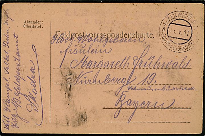 Ufrankeret K.u.K. feltpostkort fra Albanien stemplet K.u.K. Etappenpostamt Scutari (Schkodra) d. 23.5.1917 til Nürnberg, Bayern, Tyskland.