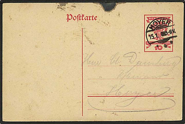 10 pfg. Weimar helsagsbrevkort sendt lokalt i Hoyer d. 15.1.1920. Interessant anvendelse fra den provisoriske plebicite periode inden udgivelse af Slesvig udgaverne.