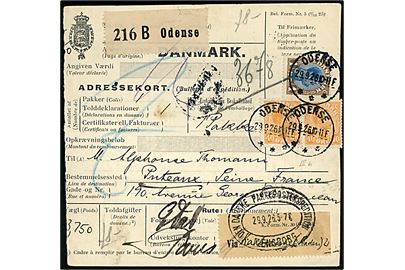 40 øre (par) og 1 kr. Chr. X på 180 øre frankeret internationalt adressekort for pakke fra Odense d. 29.9.1924 via Den danske Pakkepostekspedition Flensburg til Puteaux, Frankrig. 