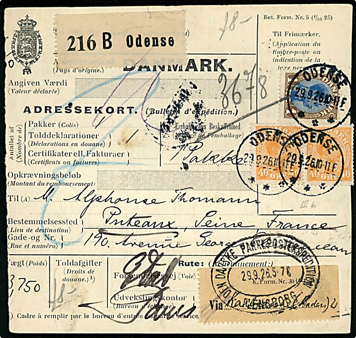 40 øre (par) og 1 kr. Chr. X på 180 øre frankeret internationalt adressekort for pakke fra Odense d. 29.9.1924 via Den danske Pakkepostekspedition Flensburg til Puteaux, Frankrig. 