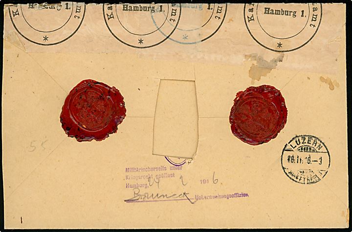 2 øre (11) og 3 øre (11) Tofarvet på anbefalet brev fra Vamdrup d. 23.2.19151 til Luzern, Schweiz. Åbnet af tysk censur i Hamburg. To mærker beklippet.