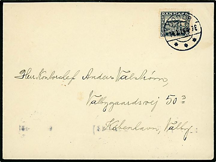 20 øre Genforening uden perle på brev fra Odder d. 14.2.1924 til København.