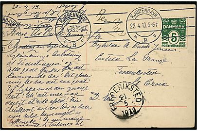 5 øre Bølgelinie på brevkort (Den lille Hornblæser) fra Kjøbenhavn d. 22.4.1913 til Frederiksted, St. Croix, Dansk Vestindien.