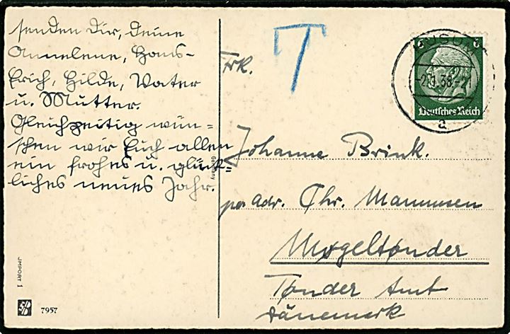 6 pfg. Hindenburg på GRÆNSEPORTO frankeret brevkort fra Husum d. 2.1.1938 til Møgeltønder, Danmark. T-påtegningt, da kortet antagelig er sendt umiddelbart udenfor grænseporto-området. Porto ikke opkrævet i Danmark.