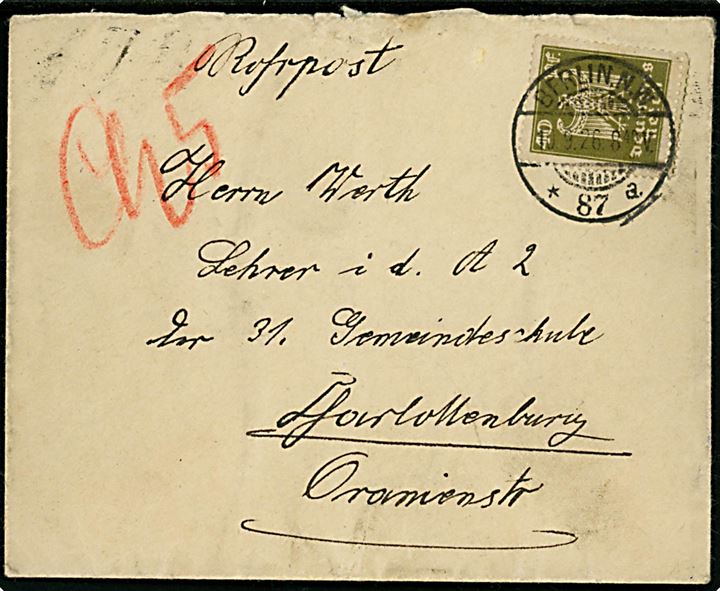 40 pfg. Adler single på frankeret lokalt rørpostbrev fra Berlin N.W. 87 d. 10.9.1926 til Berlin-Charlottenburg 5.
