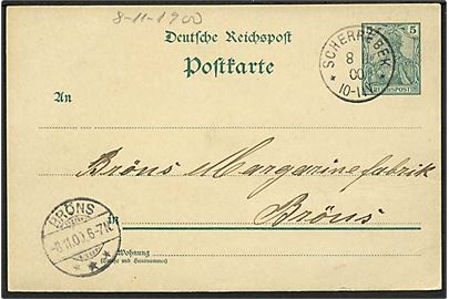 5 pfg. helsagsbrevkort stemplet Scherrebek d. 8.11.1900 til Bröns.