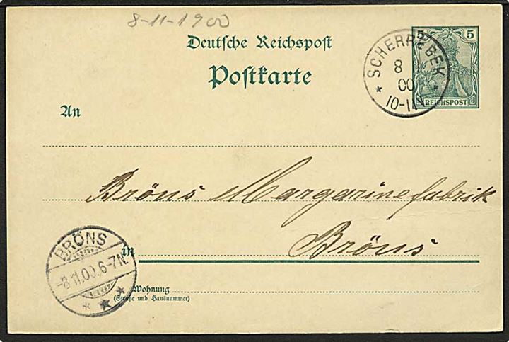 5 pfg. helsagsbrevkort stemplet Scherrebek d. 8.11.1900 til Bröns.