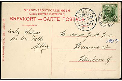 5 øre Fr. VIII på brevkort annulleret med stjernestempel GODTHAAB og sidestemplet Rønne d. 10.8.1907 til København.