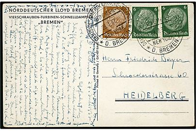 3 pfg. og 6 pfg. (2) Hindenburg på brevkort (S/S Bremen) annulleret med skibsstempel Deutsch-Amerikanische Seepost / Bremen-New York * D. Bremen * d. 28.7.1937 til Heidelberg, Tyskland.