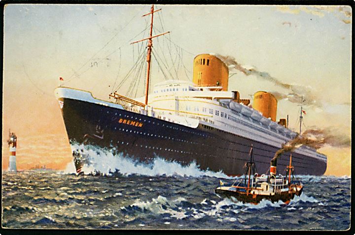 3 pfg. og 6 pfg. (2) Hindenburg på brevkort (S/S Bremen) annulleret med skibsstempel Deutsch-Amerikanische Seepost / Bremen-New York * D. Bremen * d. 28.7.1937 til Heidelberg, Tyskland.