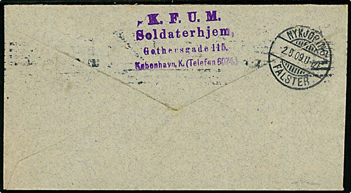 5 øre Fr. VIII og 5 øre Fr. VIII helsagsafklip på brev fra K.F.U.M. Soldaterhjem i Kjøbenhavn d. 2.8.1909 til Nykøbing F.