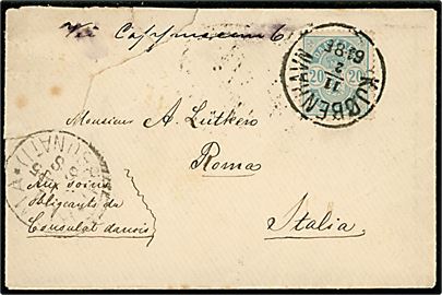 20 øre Våben på lille kuvert (revet) annulleret med lapidar Kjøbenhavn d. 11.2.1888 til Rom, Italien.