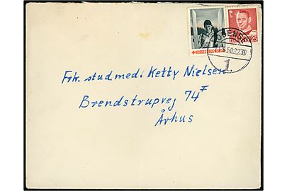 25 øre Fr. IX og NORSK Røde Kort mærkat på brev stemplet Odense 1 d. 21.9.1950 til Aarhus.