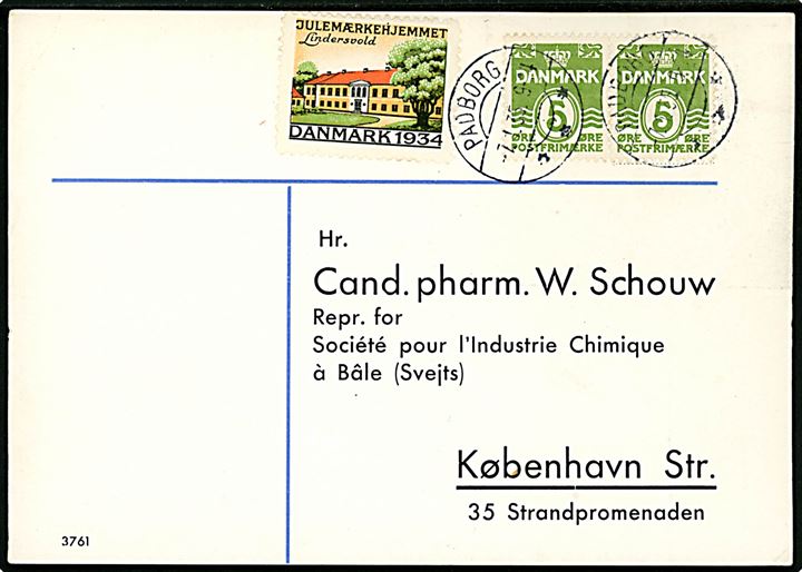 5 øre Bølgelinie i parstykke og Julemærke 1934 på reklame-brevkort (Atochinol tabeletter) fra Padborg d. 7.1.1935 til København.