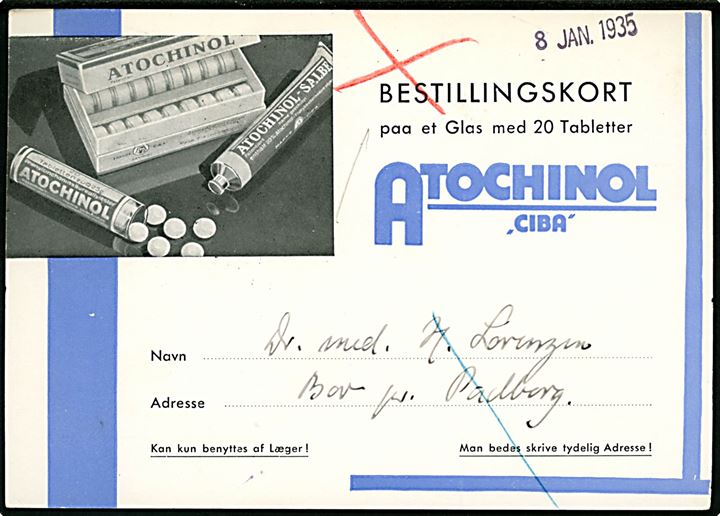 5 øre Bølgelinie i parstykke og Julemærke 1934 på reklame-brevkort (Atochinol tabeletter) fra Padborg d. 7.1.1935 til København.