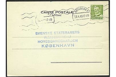 15 øre Fr. IX på svarbrevkort annulleret med svensk stempel Göteborg d. 26.4.1949 til København.