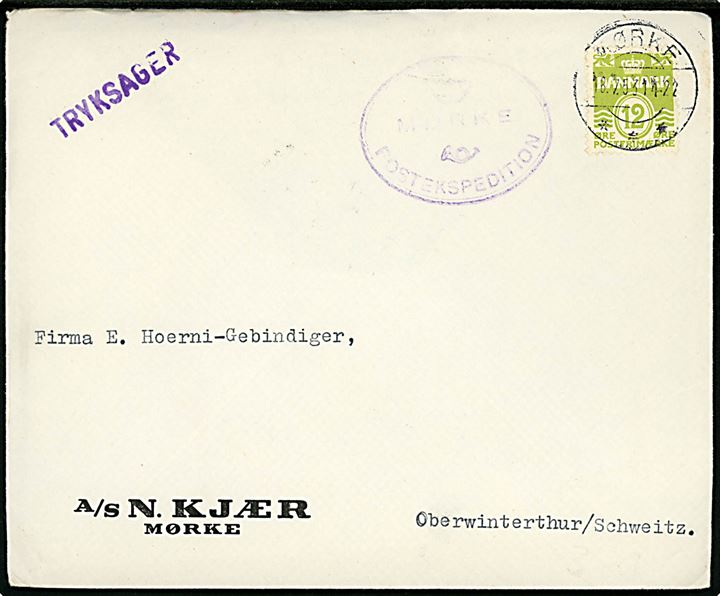 12 øre Bølgelinie på tryksag fra Mørke d. 18.7.1953 til Oberwinterthur, Schweiz. Ovalt violet kontorstempel (posthorn)/Mørke Postkontor benyttet som tryksagskontrol stempel. Bagklap mangler. 