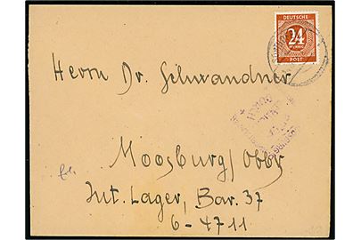 24 pfg. Ciffer på brev fra Sorthofen d. 4.8.1946 til indsat i Moosburg Interneringslejr. Violet censurstempel.