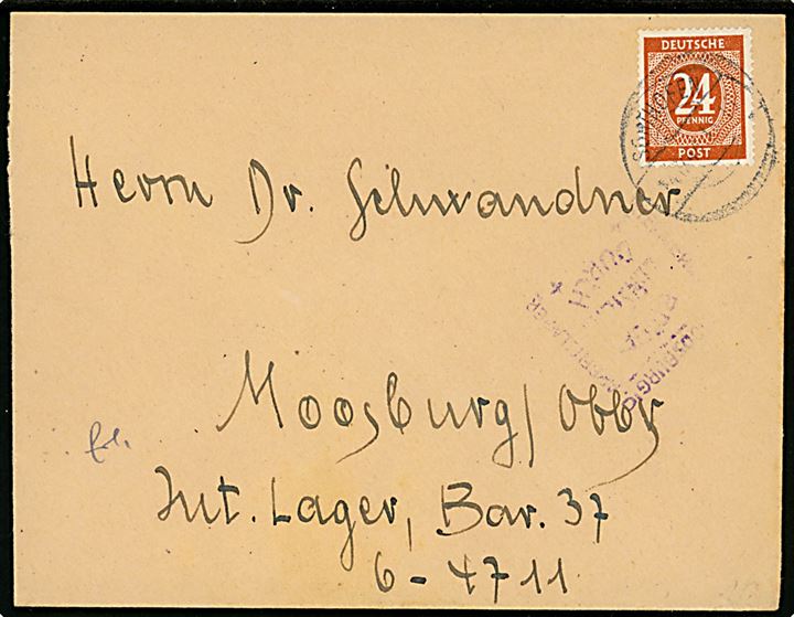 24 pfg. Ciffer på brev fra Sorthofen d. 4.8.1946 til indsat i Moosburg Interneringslejr. Violet censurstempel.