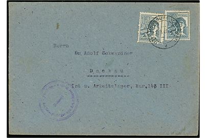 12 pfg. (2) på brev fra interneret tysker i Moosburg d. 12.3.1948 til internerings- og arbejdslejren i Dachau. Violet censur stempel.