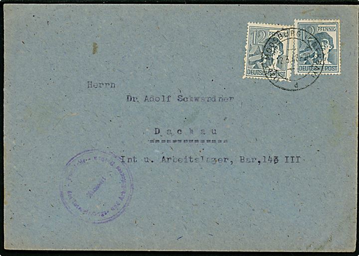 12 pfg. (2) på brev fra interneret tysker i Moosburg d. 12.3.1948 til internerings- og arbejdslejren i Dachau. Violet censur stempel.