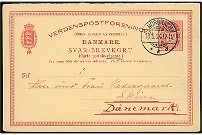 10 øre Våben svardel af dobbelt helsagsbrevkort annulleret med tysk stempel i Nordrach d. 13.5.1904 til Skive, Danmark.