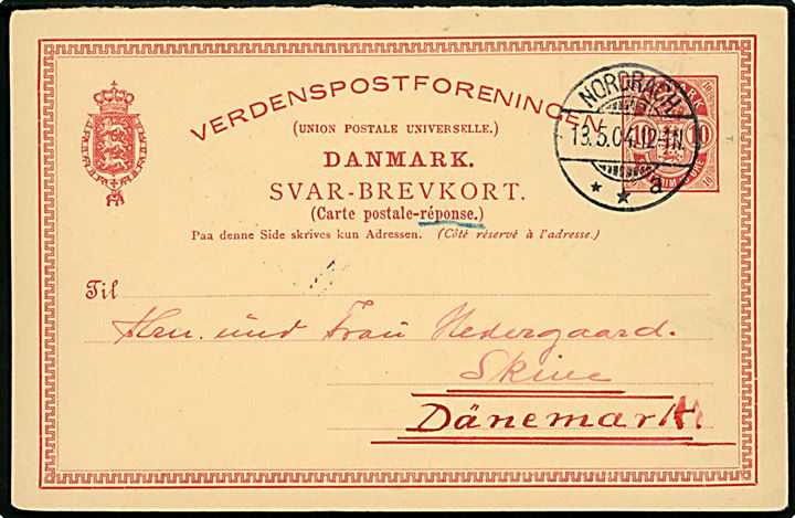 10 øre Våben svardel af dobbelt helsagsbrevkort annulleret med tysk stempel i Nordrach d. 13.5.1904 til Skive, Danmark.