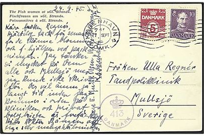 5 øre Bølgelinie og 10 øre Chr. X på brevkort fra København d. 27.9.1945 til Mullsjö, Sverige. Efterkrigscensur (krone)/413/Danmark.
