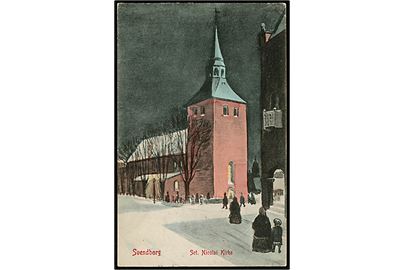 Svendborg. Tegnet kort af Sct. Nicolai kirken. W.K.F. u/no. 