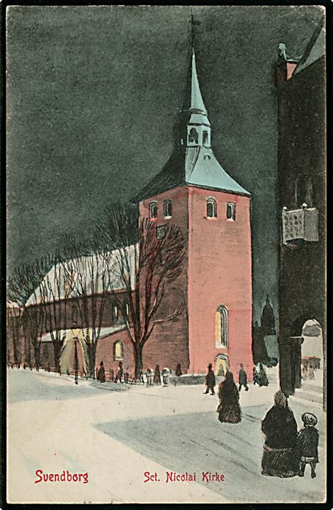 Svendborg. Tegnet kort af Sct. Nicolai kirken. W.K.F. u/no. 