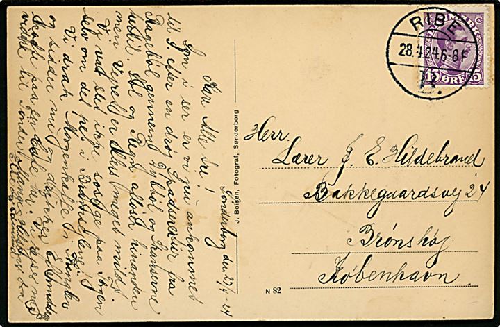 15 øre Chr. X på brevkort annulleret med brotype Vb Ribe B. d. 28.4.1924 til København.