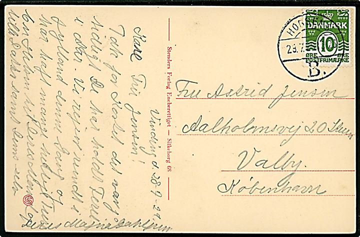 10 øre Bølgelinie på brevkort annulleret med brotype Vc Horsens B. d. 28.7.1929 til København.