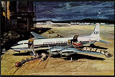 SAS DC-7F fragtmaskine. Reklamekort frankeret med 15 øre SAS reklame frankostempel fra København 15 d. 29.11.1963 til København.