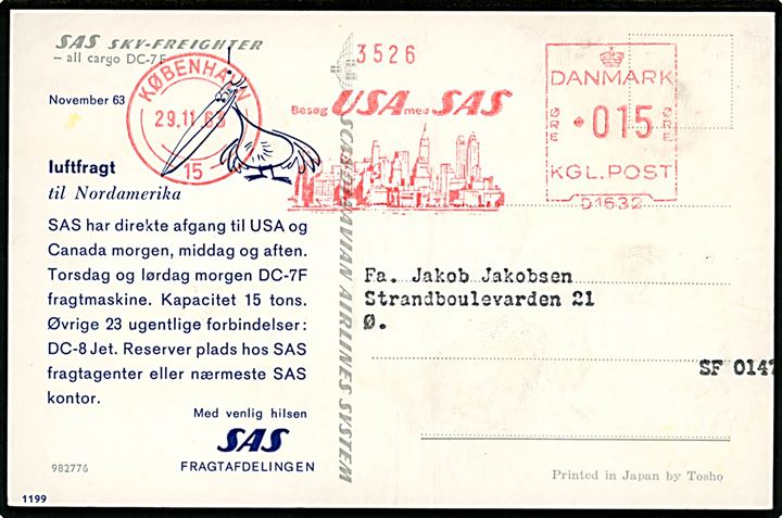 SAS DC-7F fragtmaskine. Reklamekort frankeret med 15 øre SAS reklame frankostempel fra København 15 d. 29.11.1963 til København.