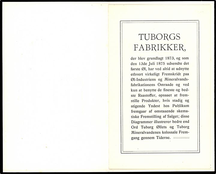 Tuborgs Fabrikker. Lille brochure i relieftryk med det nye bryghus og triumfbuen ved landsudstillingen i Aarhus 1909. 4 sider + omslag.
