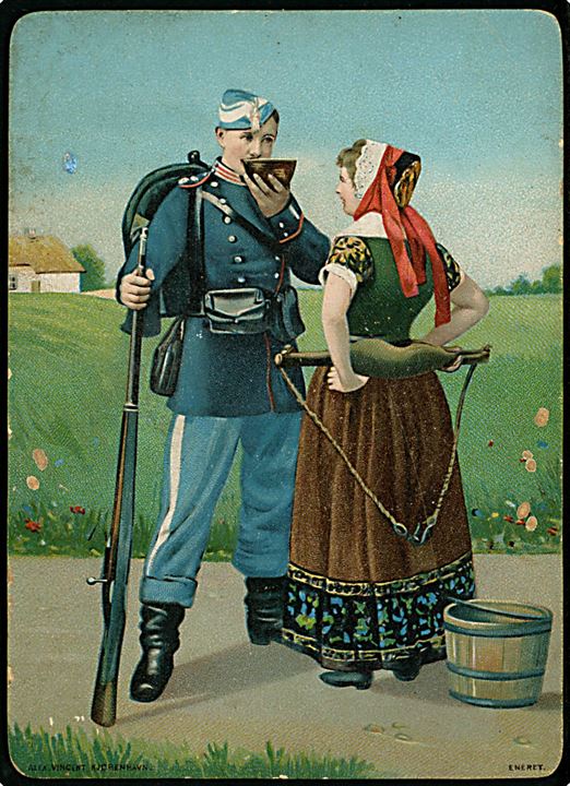 Soldat møder malkepige. A. Vincent Kartonkort u/no. Dateret 29.8.1899.