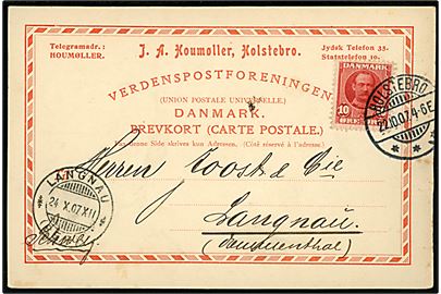 10 øre Fr. VIII på dekorativt firma-brevkort fra J. A. Houmøller i Holstebro d. 22.10.1907 til Langnau, Schweiz.