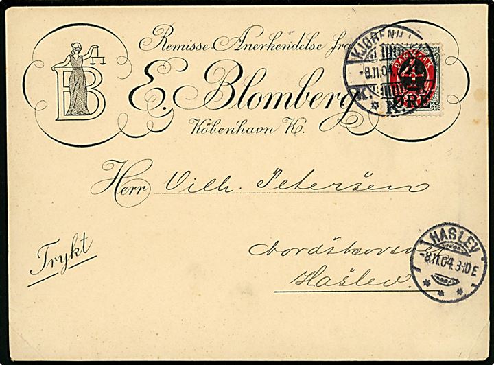 4/8 øre Provisorium på illustreret tryksagskort fra firma E. Blomberg i Kjøbenhavn d. 8.11.1904 til Haslev.