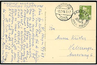 15 øre Fr. IX på brevkort (Den tilsandede kirke) annulleret med posthornstempel SKAGEN (FRA HØJEN) og sidestemplet bureau Frederikshavn - Skagen T.17 d. 2.7.1949 til Hellerup.
